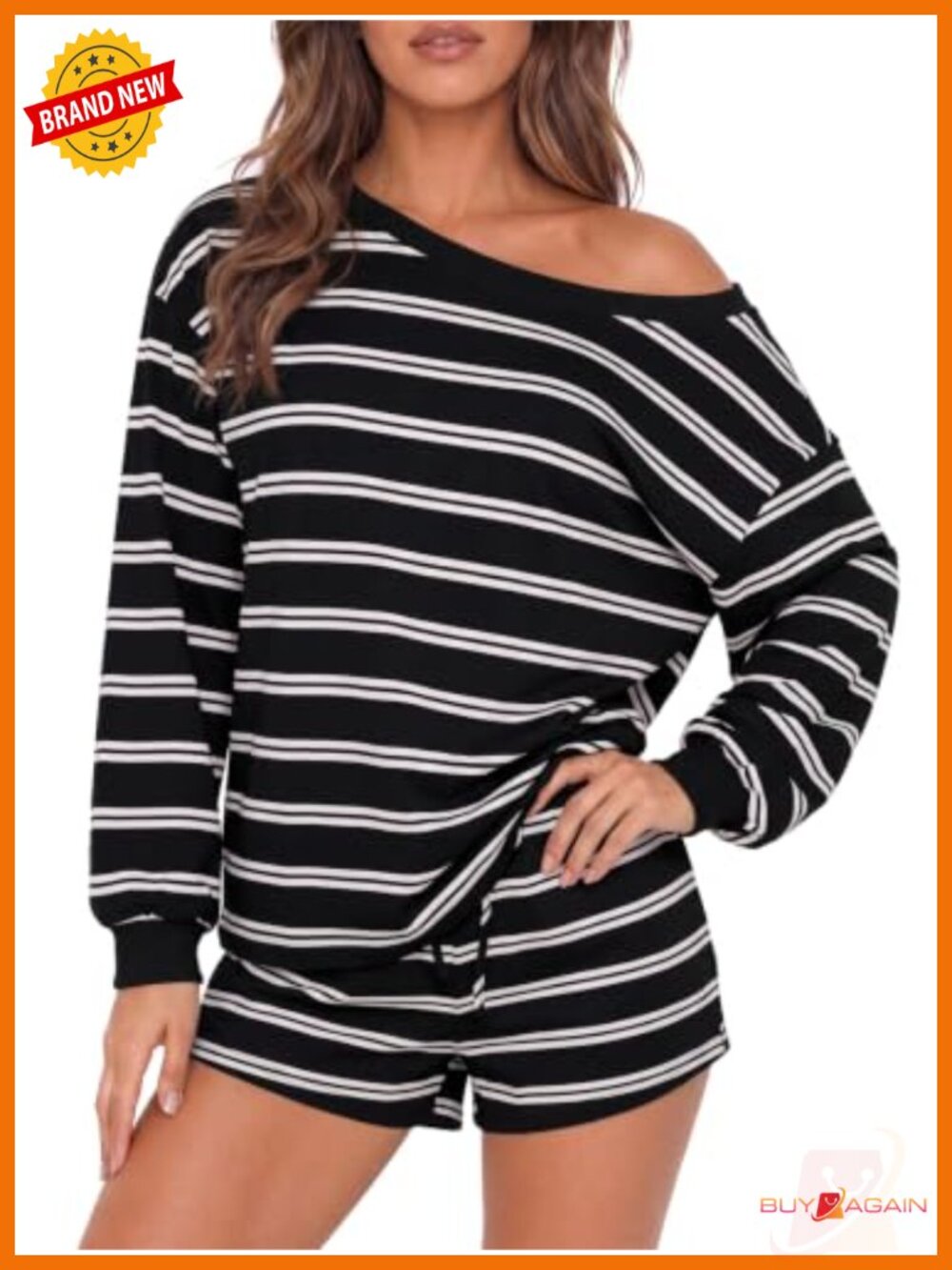 Women's 2pc Lounge Set - Striped Long Sleeve & Shorts
